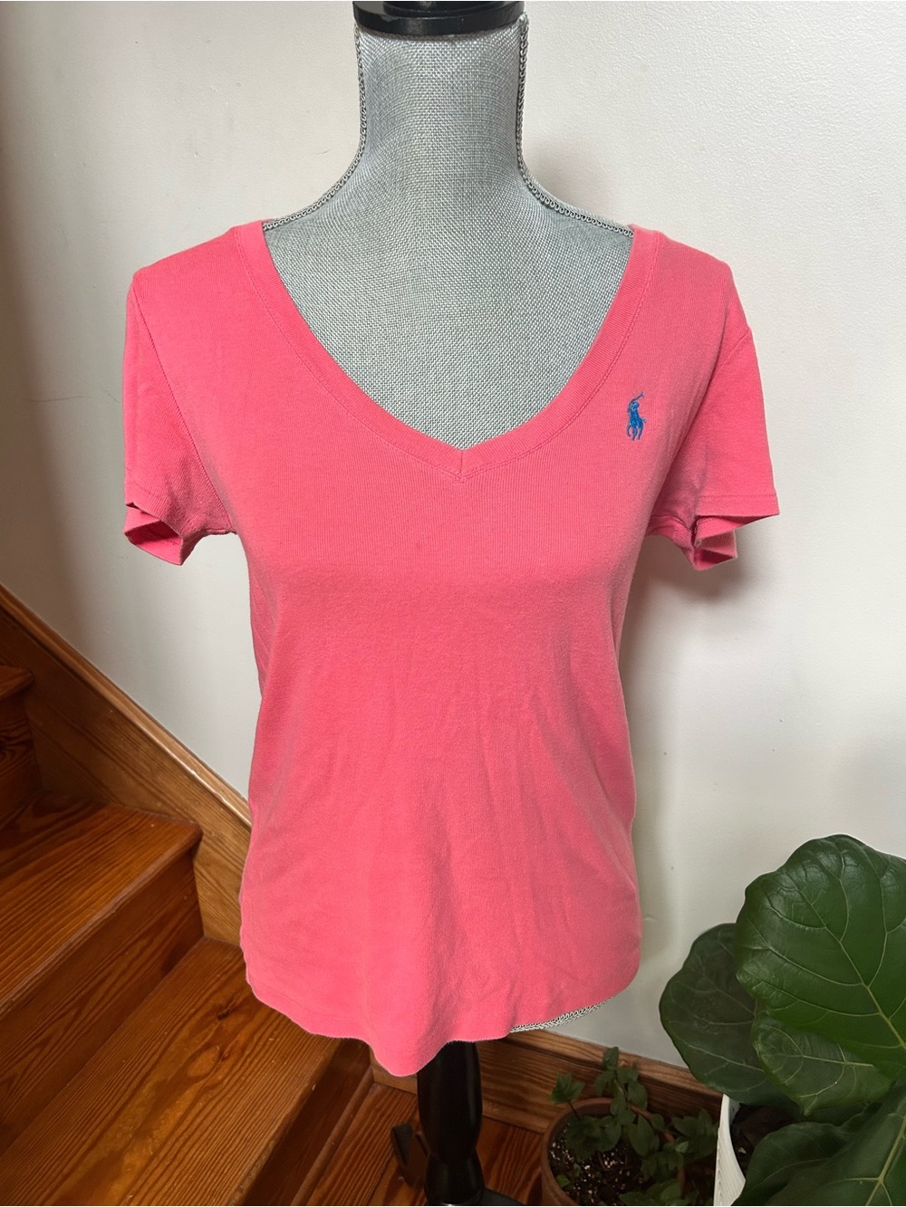 Ralph Lauren Coral Pink V-Neck Polo Tee with Blue Pony